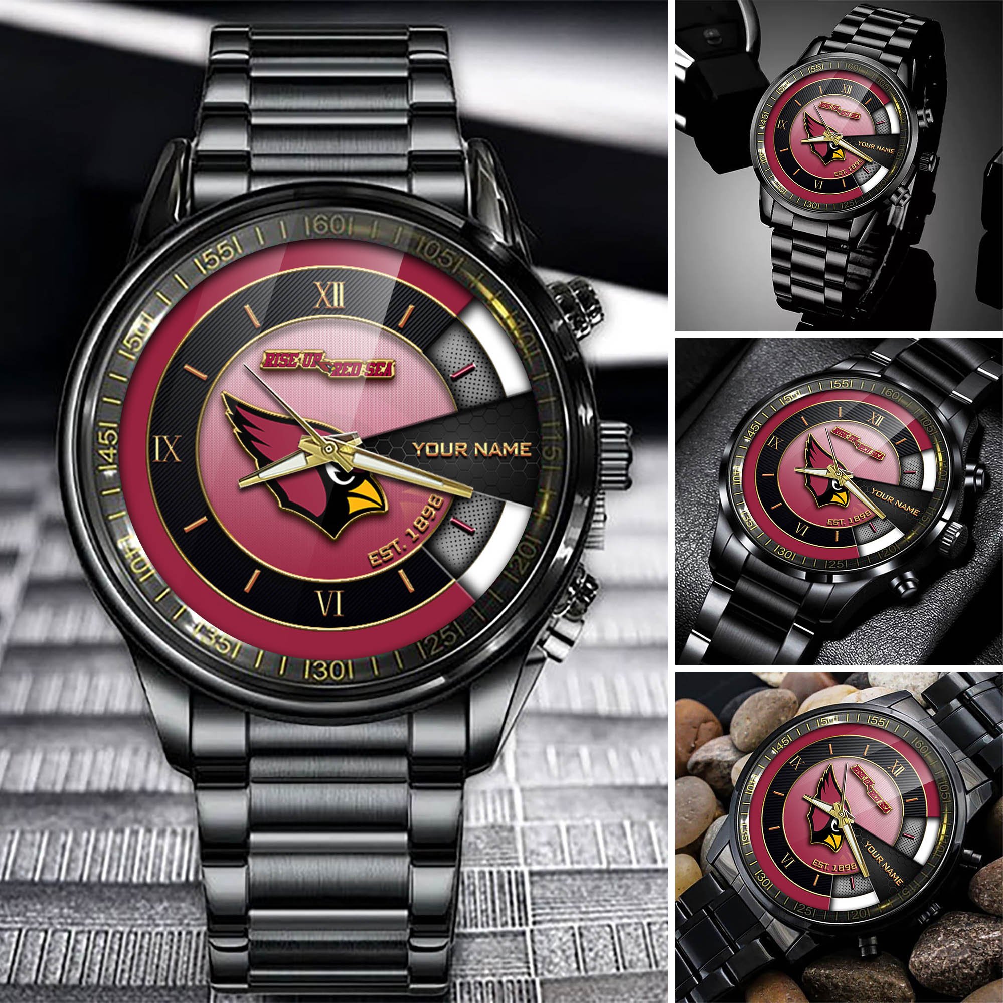 Arizona Cardinals Black Fashion Watch Customize Your Name, Football Team Black Fashion Watch, Football Fan Gifts ETHY-54659