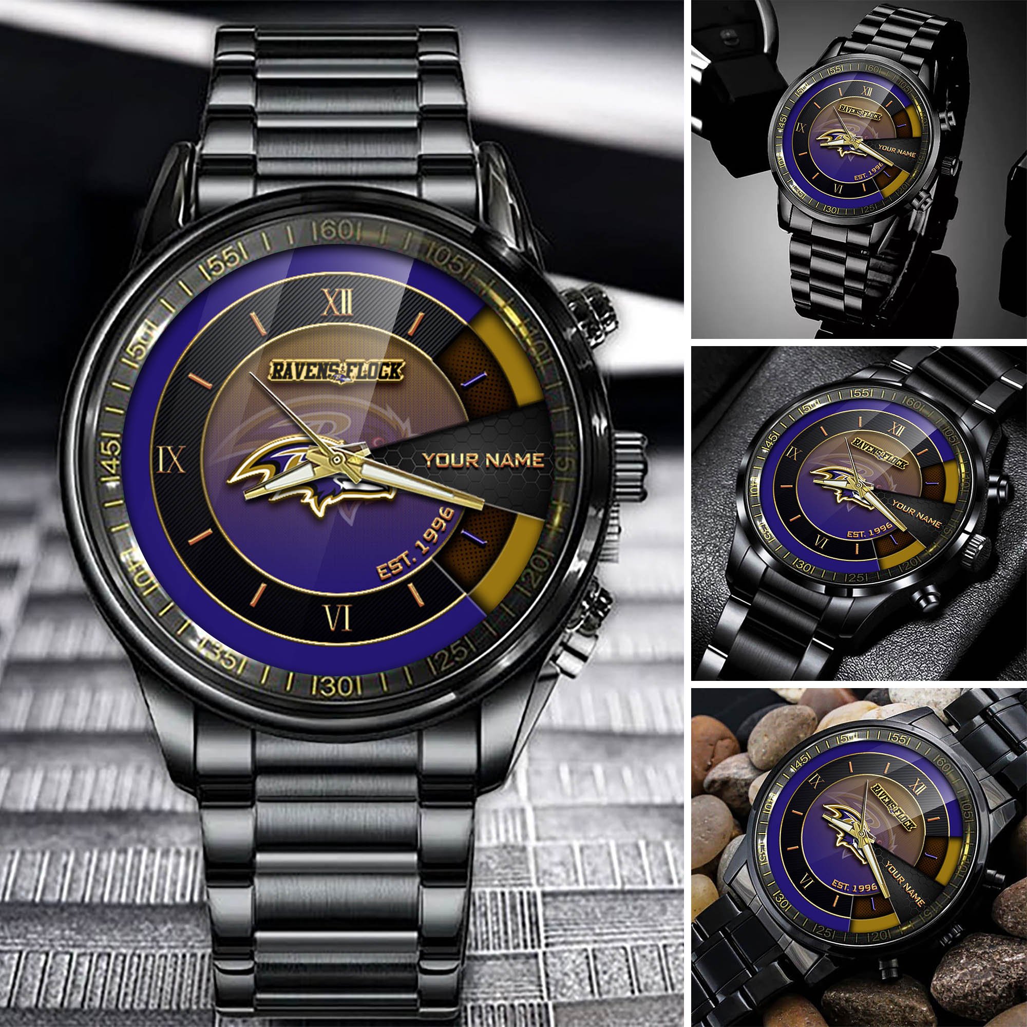 Baltimore Ravens Black Fashion Watch Customize Your Name, Football Team Black Fashion Watch, Football Fan Gifts ETHY-54659