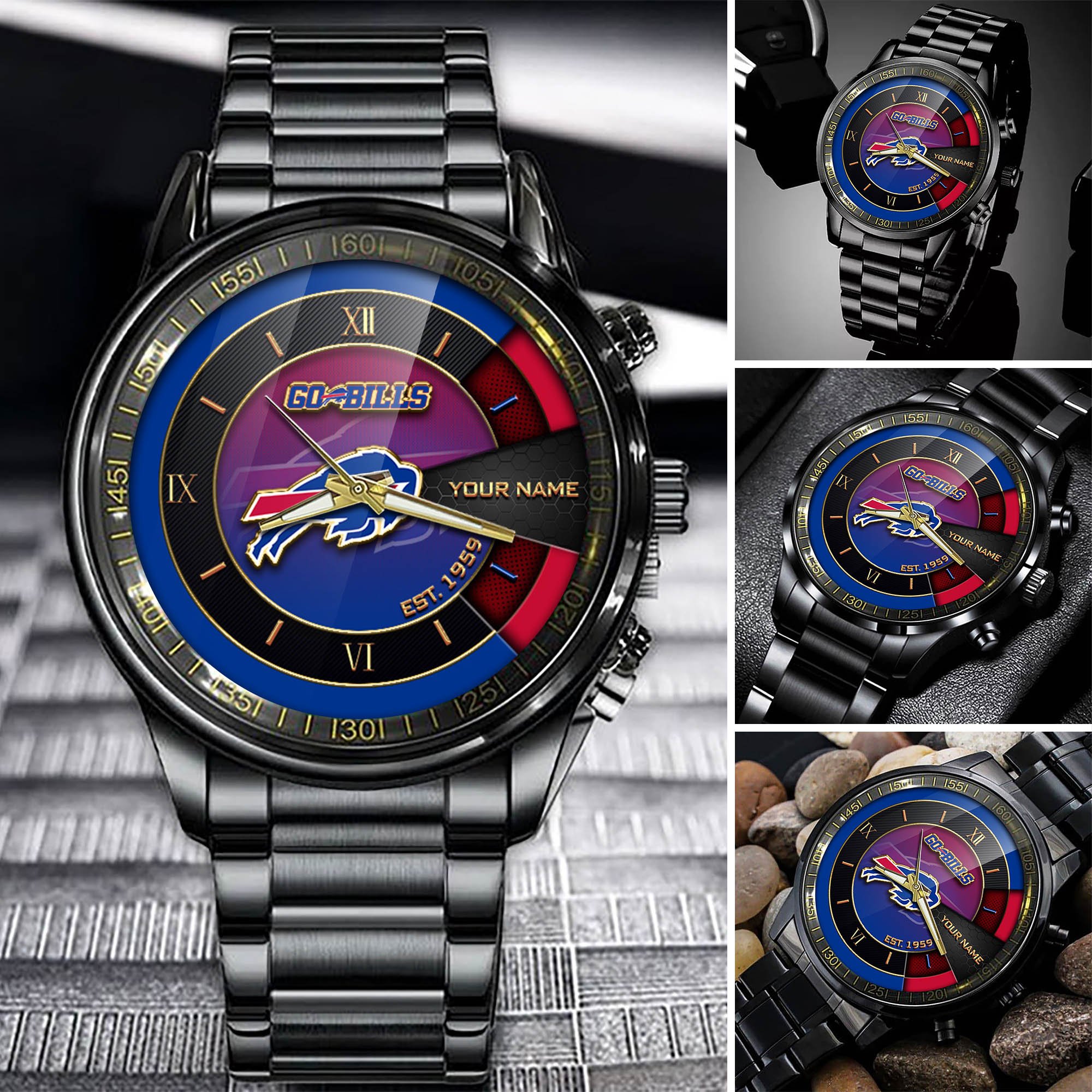 Buffalo Bills Black Fashion Watch Customize Your Name, Football Team Black Fashion Watch, Football Fan Gifts ETHY-54659