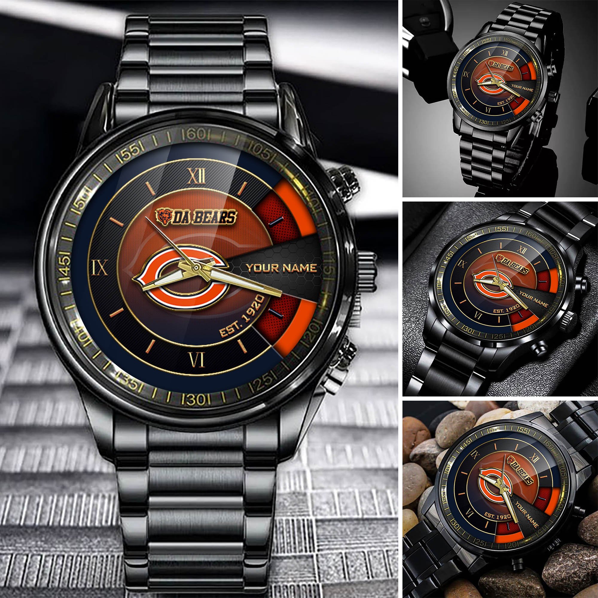 Chicago Bears Black Fashion Watch Customize Your Name, Football Team Black Fashion Watch, Football Fan Gifts ETHY-54659