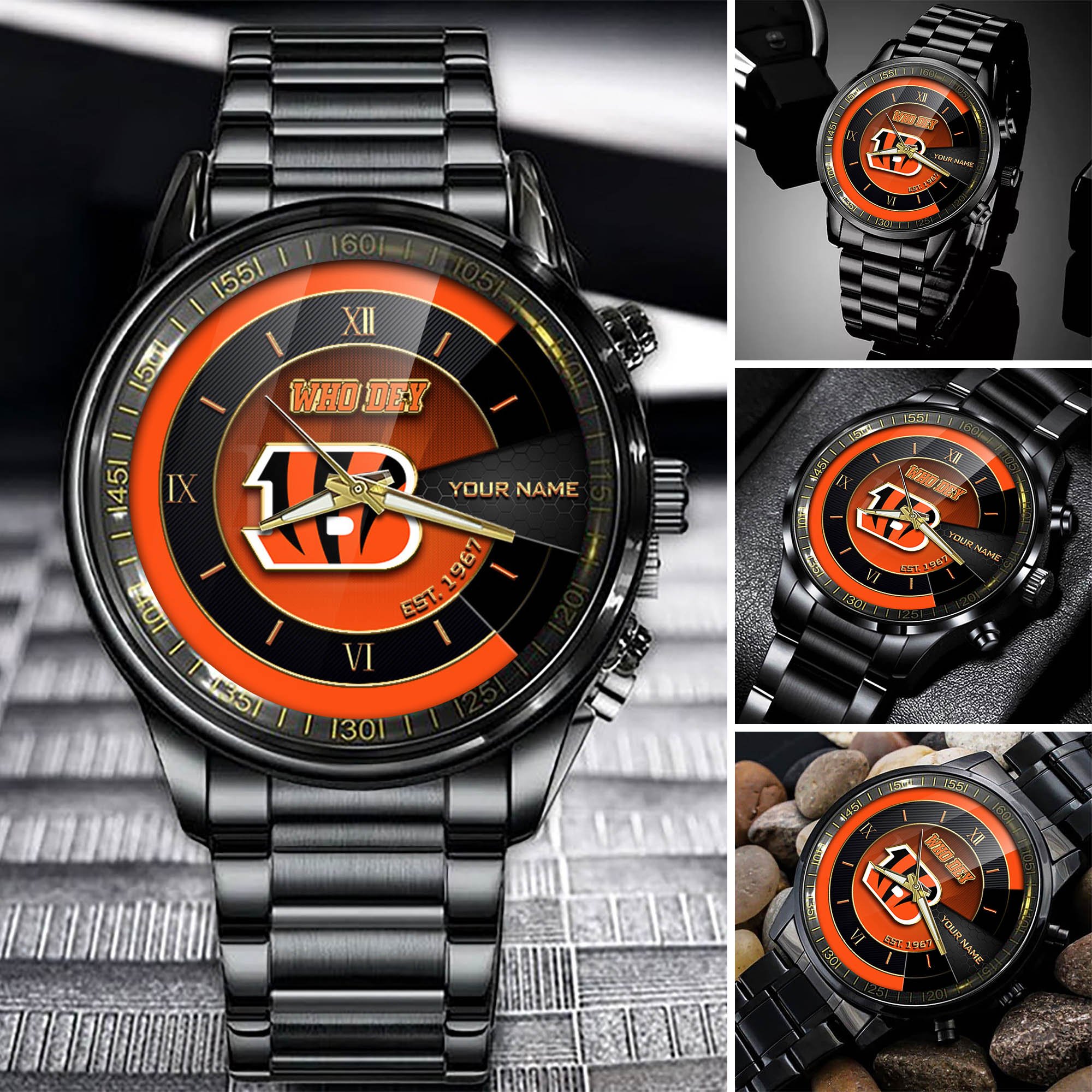 Cincinnati Bengals Black Fashion Watch Customize Your Name, Football Team Black Fashion Watch, Football Fan Gifts ETHY-54659