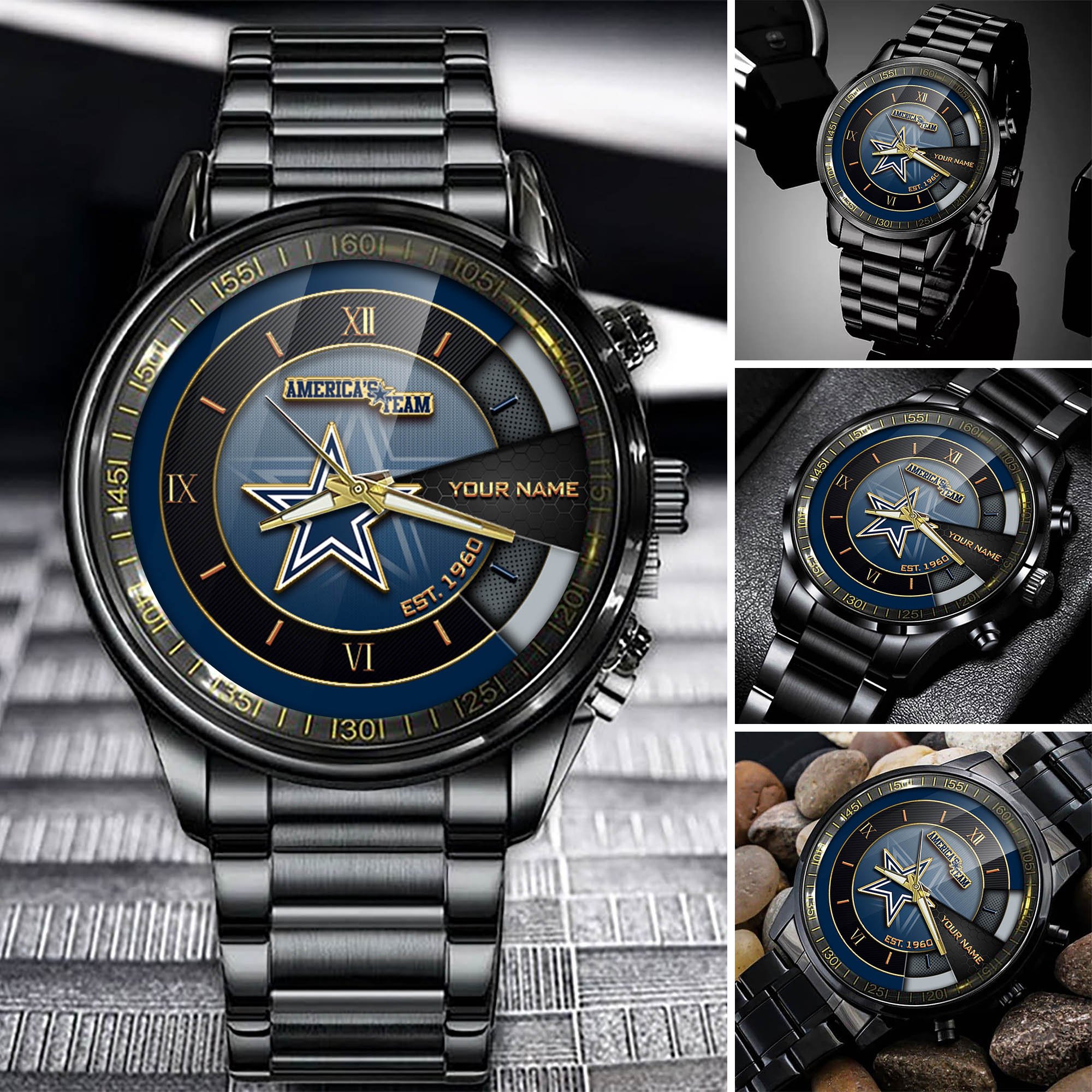 Dallas Cowboys Black Fashion Watch Customize Your Name, Football Team Black Fashion Watch, Football Fan Gifts ETHY-54659