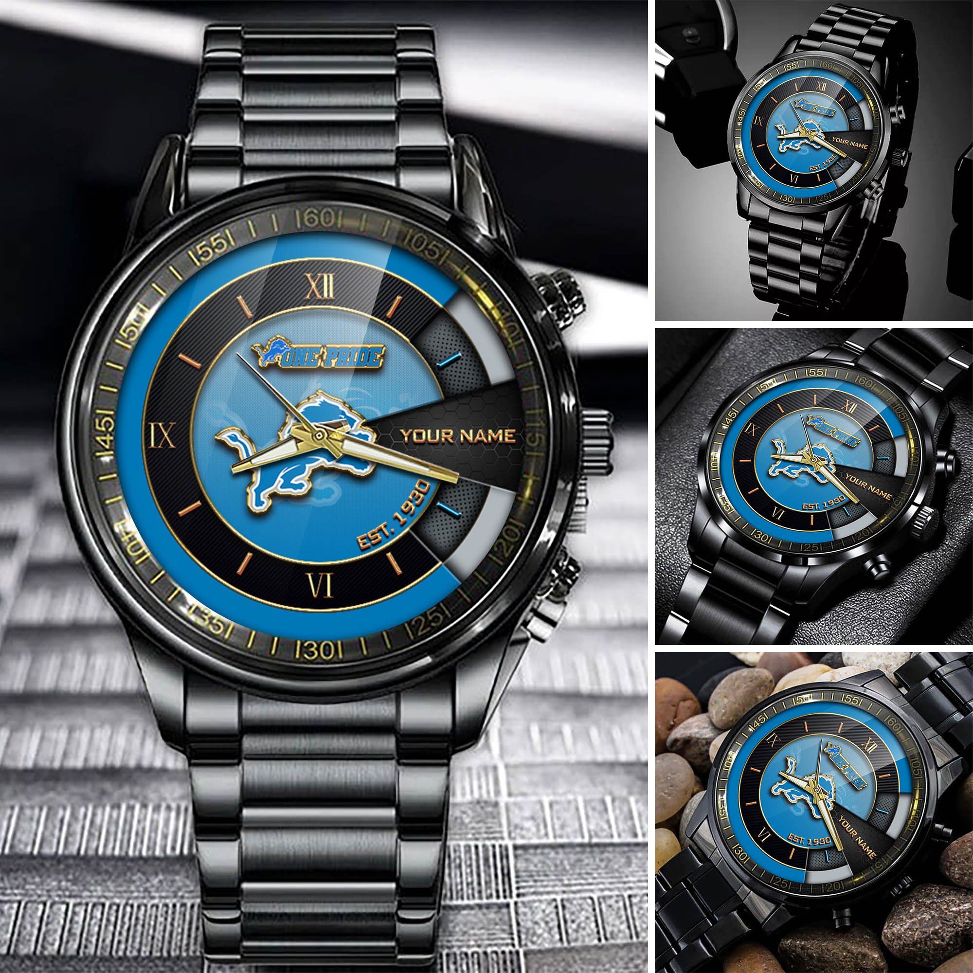 Detroit Lions Black Fashion Watch Customize Your Name, Football Team Black Fashion Watch, Football Fan Gifts ETHY-54659