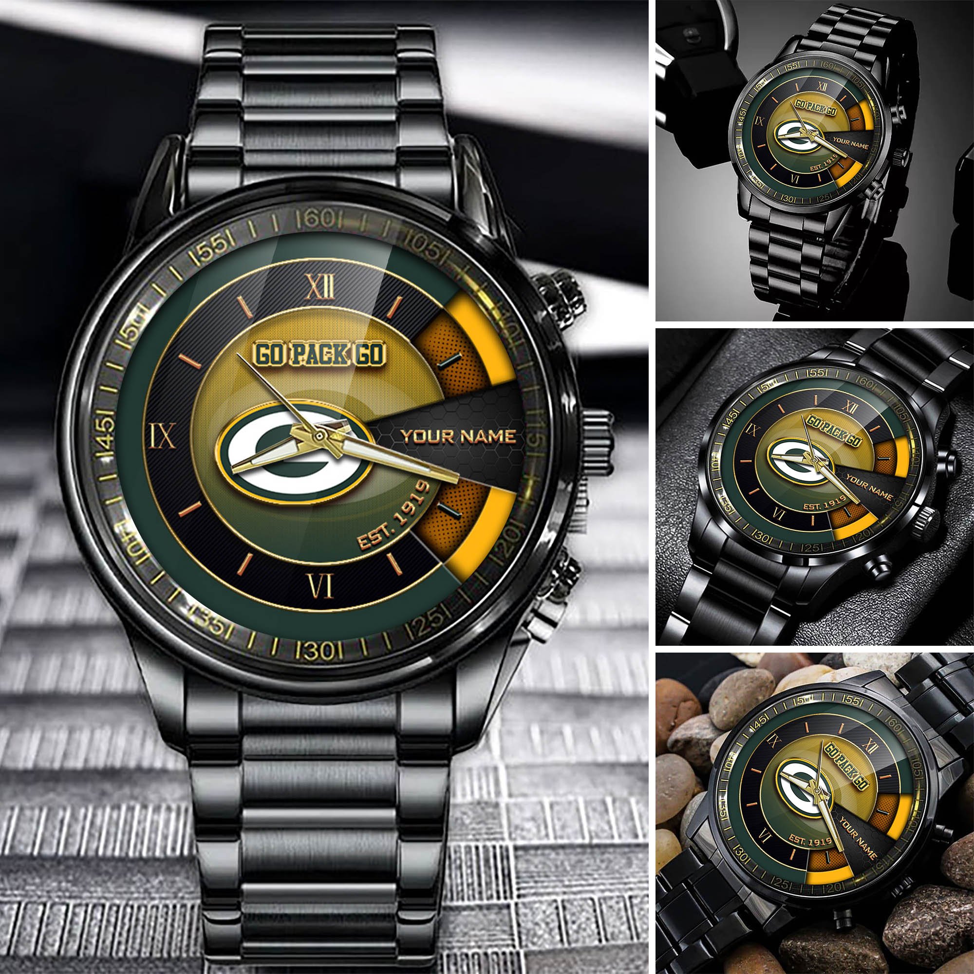 Green Bay Packers Black Fashion Watch Customize Your Name, Football Team Black Fashion Watch, Football Fan Gifts ETHY-54659