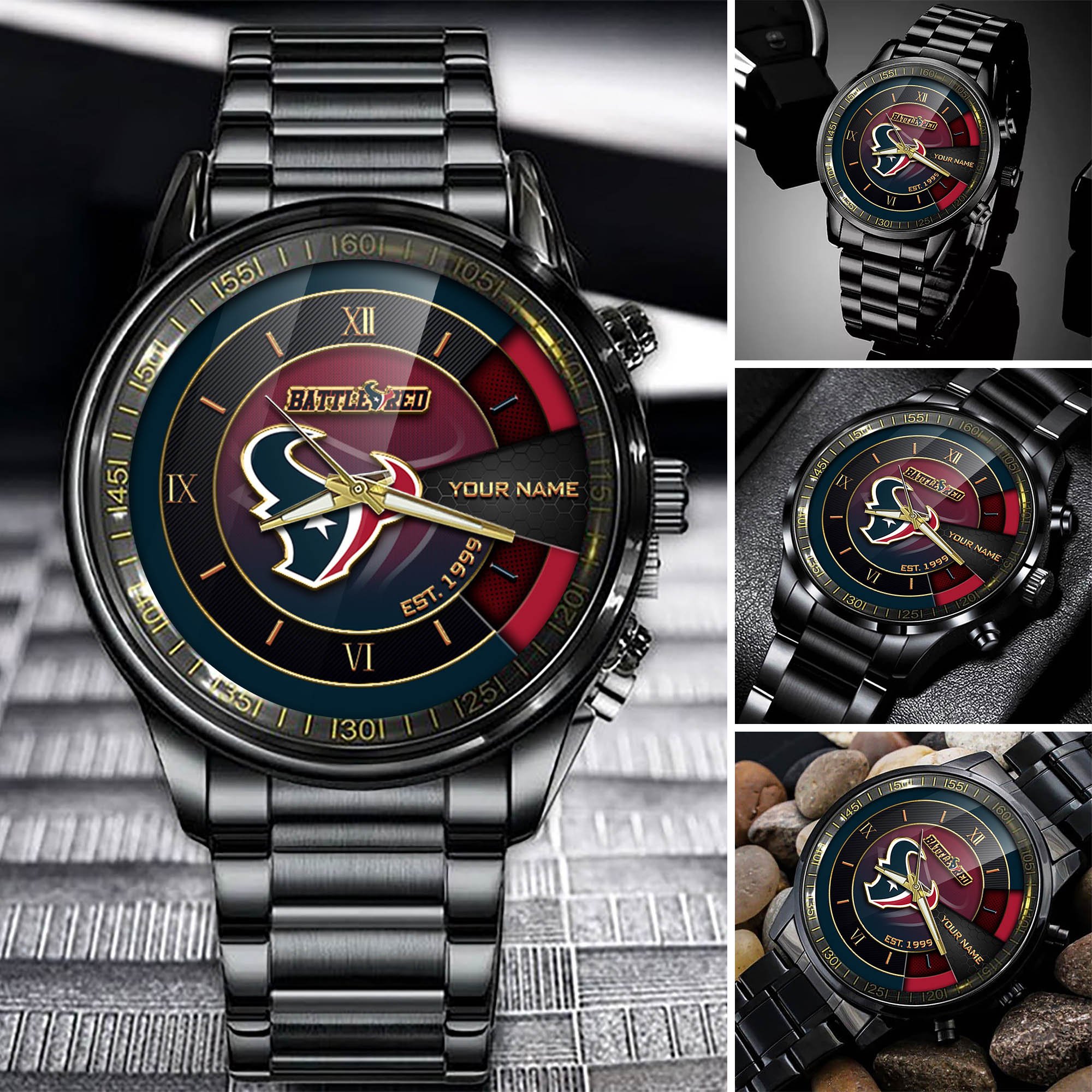 Houston Texans Black Fashion Watch Customize Your Name, Football Team Black Fashion Watch, Football Fan Gifts ETHY-54659