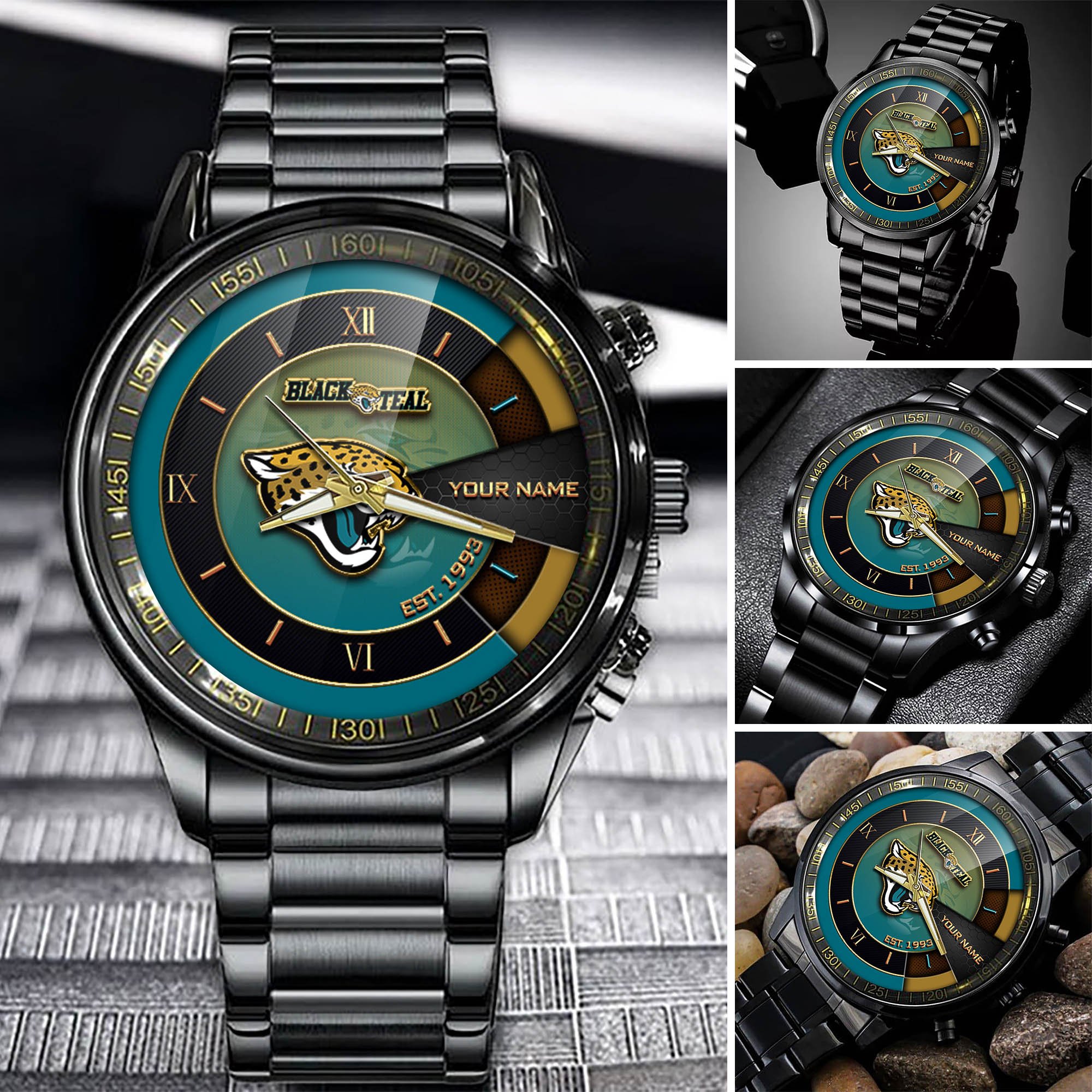 Jacksonville Jaguars Black Fashion Watch Customize Your Name, Football Team Black Fashion Watch, Football Fan Gifts ETHY-54659