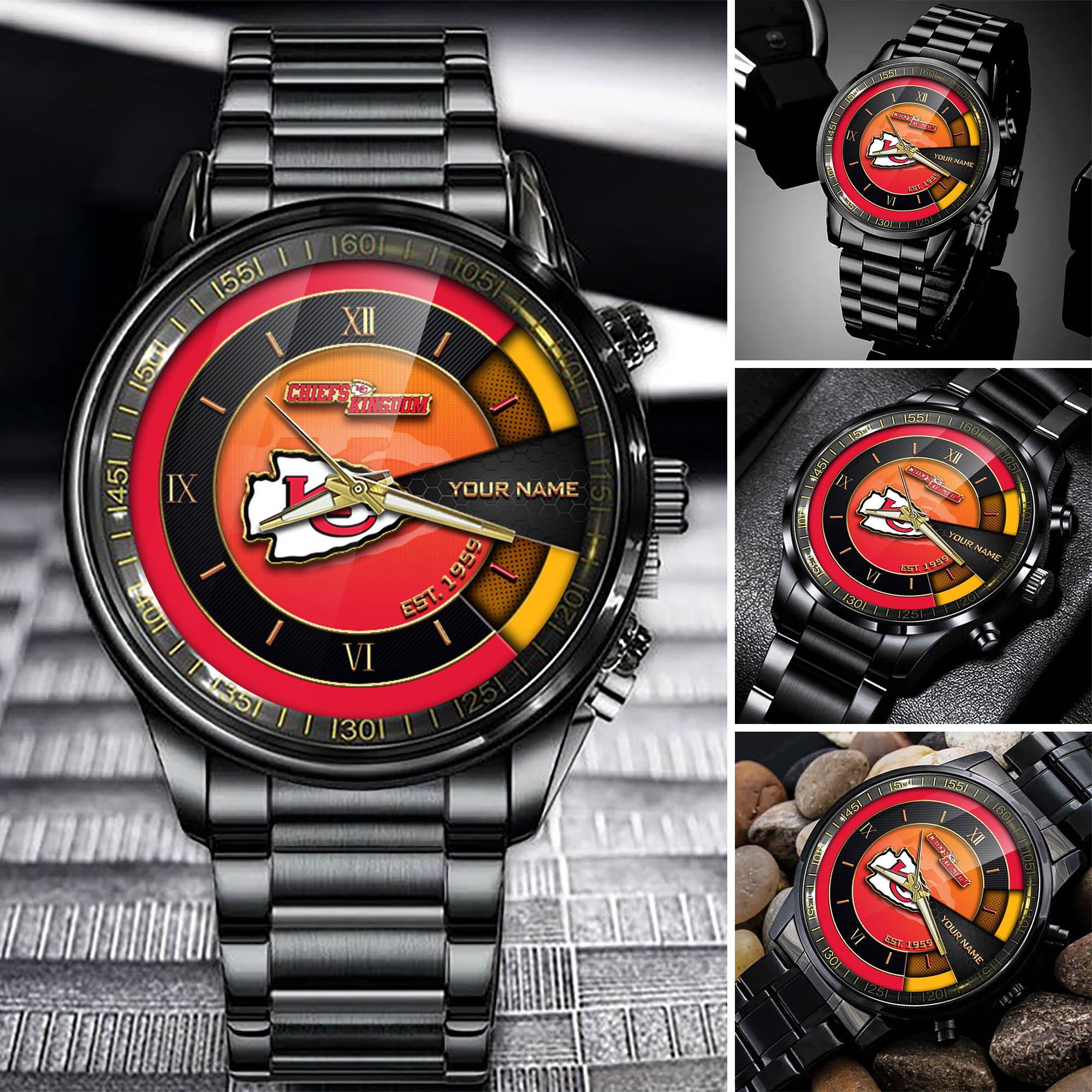 Kansas City Chiefs Black Fashion Watch Customize Your Name, Football Team Black Fashion Watch, Football Fan Gifts ETHY-54659