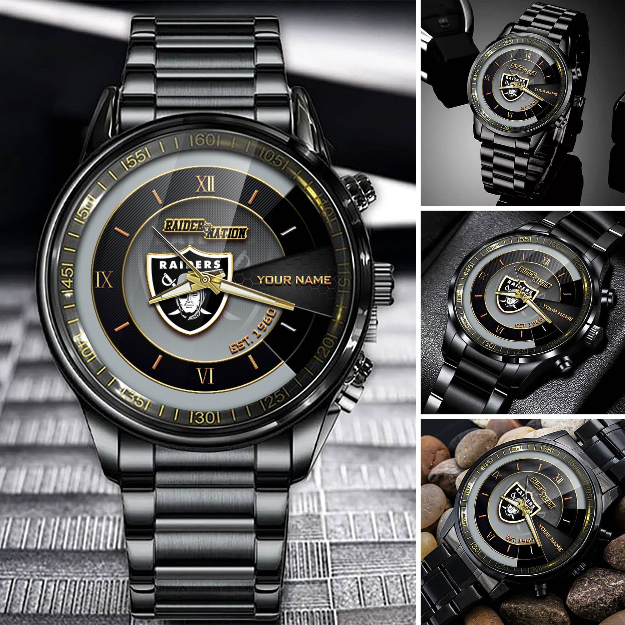 Las Vegas Raiders Black Fashion Watch Customize Your Name, Football Team Black Fashion Watch, Football Fan Gifts ETHY-54659