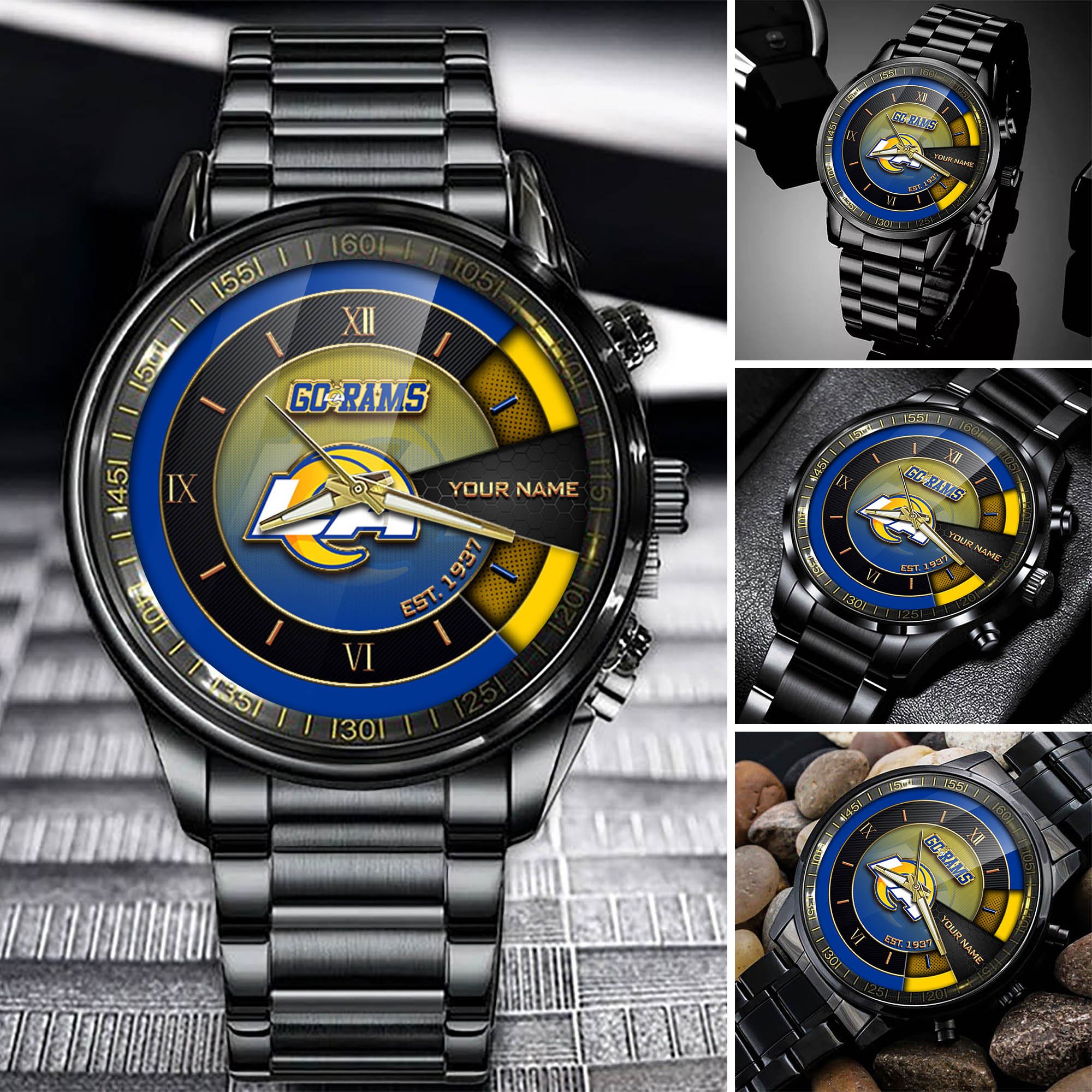 Los Angeles Rams Black Fashion Watch Customize Your Name, Football Team Black Fashion Watch, Football Fan Gifts ETHY-54659