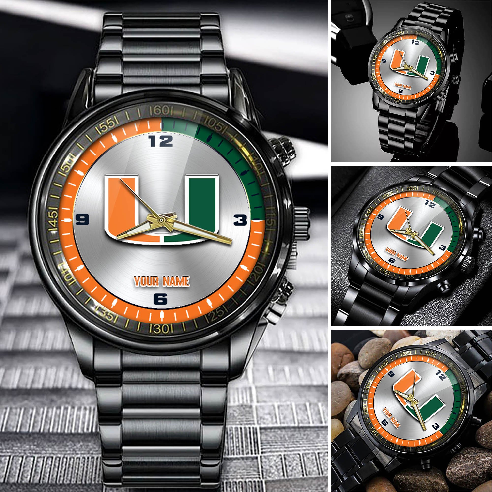 Miami Hurricanes Team Black Fashion Watch Personalized Your Name, Football Team Watch For Fan , Football League Gifts  ETHY-54708