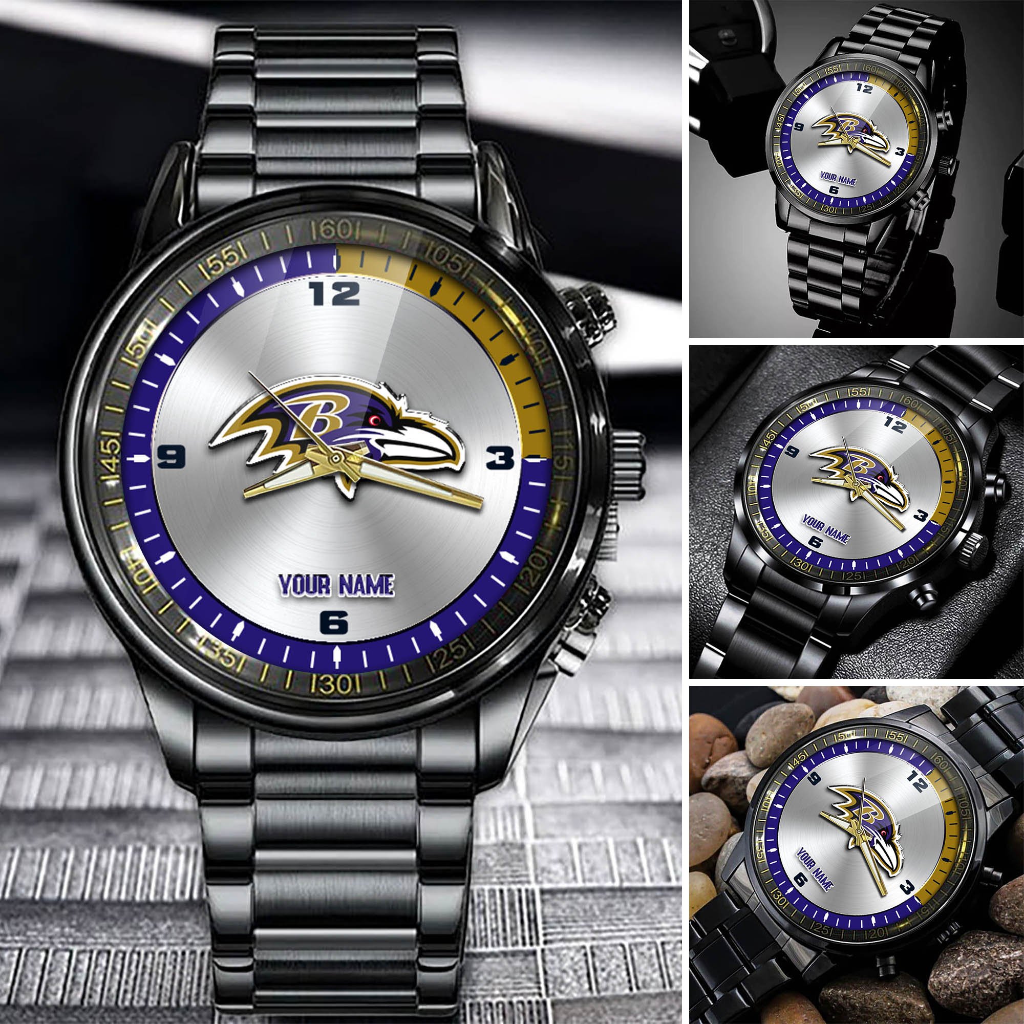 Baltimore Ravens Team Black Fashion Watch Personalized Your Name, Football Team Watch For Fan , Football League Gifts  ETHY-54708