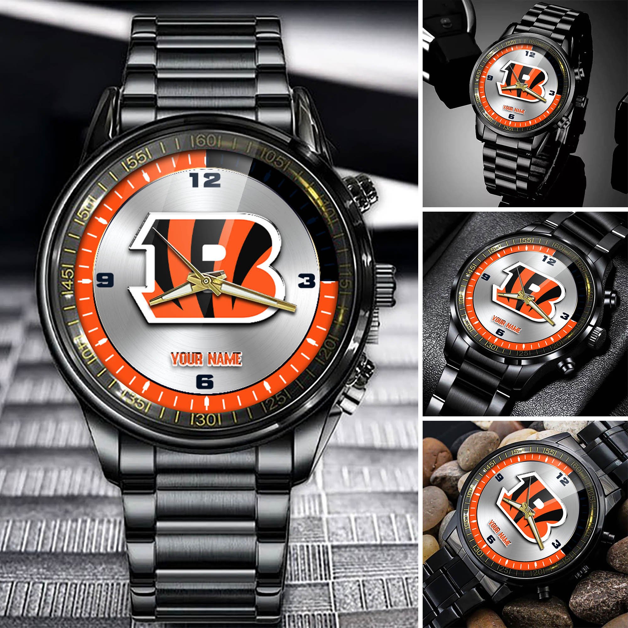 Cincinnati Bengals Team Black Fashion Watch Personalized Your Name, Football Team Watch For Fan , Football League Gifts  ETHY-54708