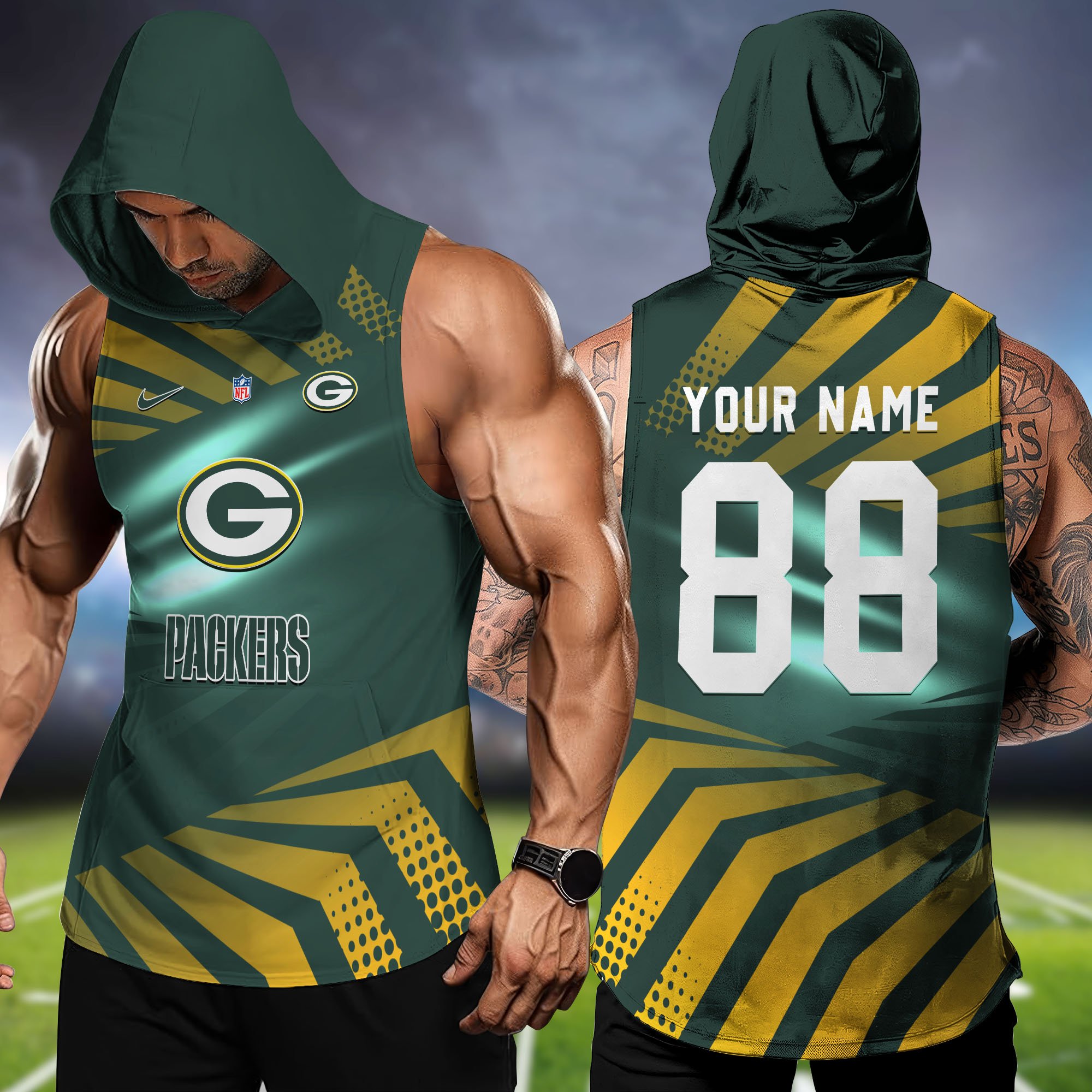 Green Bay Packers Hooded Tanktop Personalized Your Name And Number, Hooded Tanktop For Football Lovers, Summer Gifts For Fan ETHY-58330