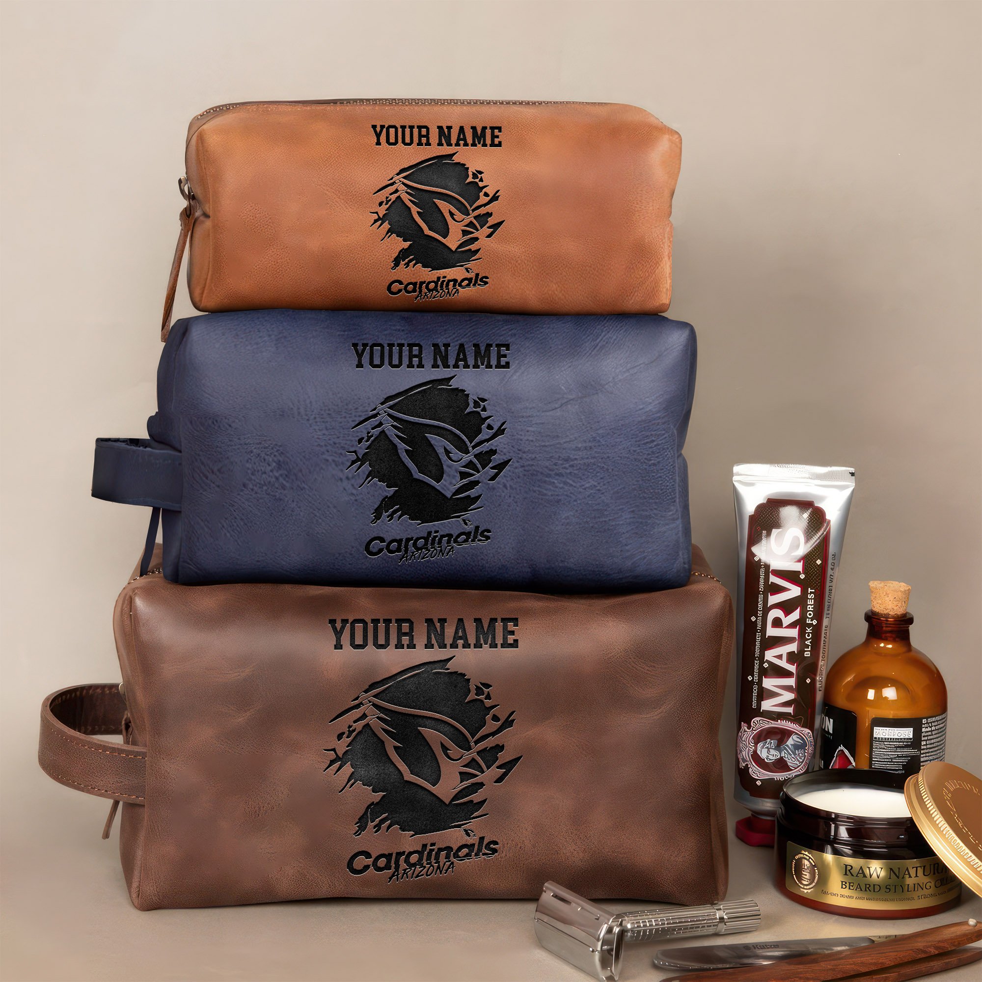 Arizona Cardinals Engraved Leather Dopp Kit Bag Personalized Your Name, Leather Dopp Kit Bag For Sport Fans, Gift For Fans ETHY-58969