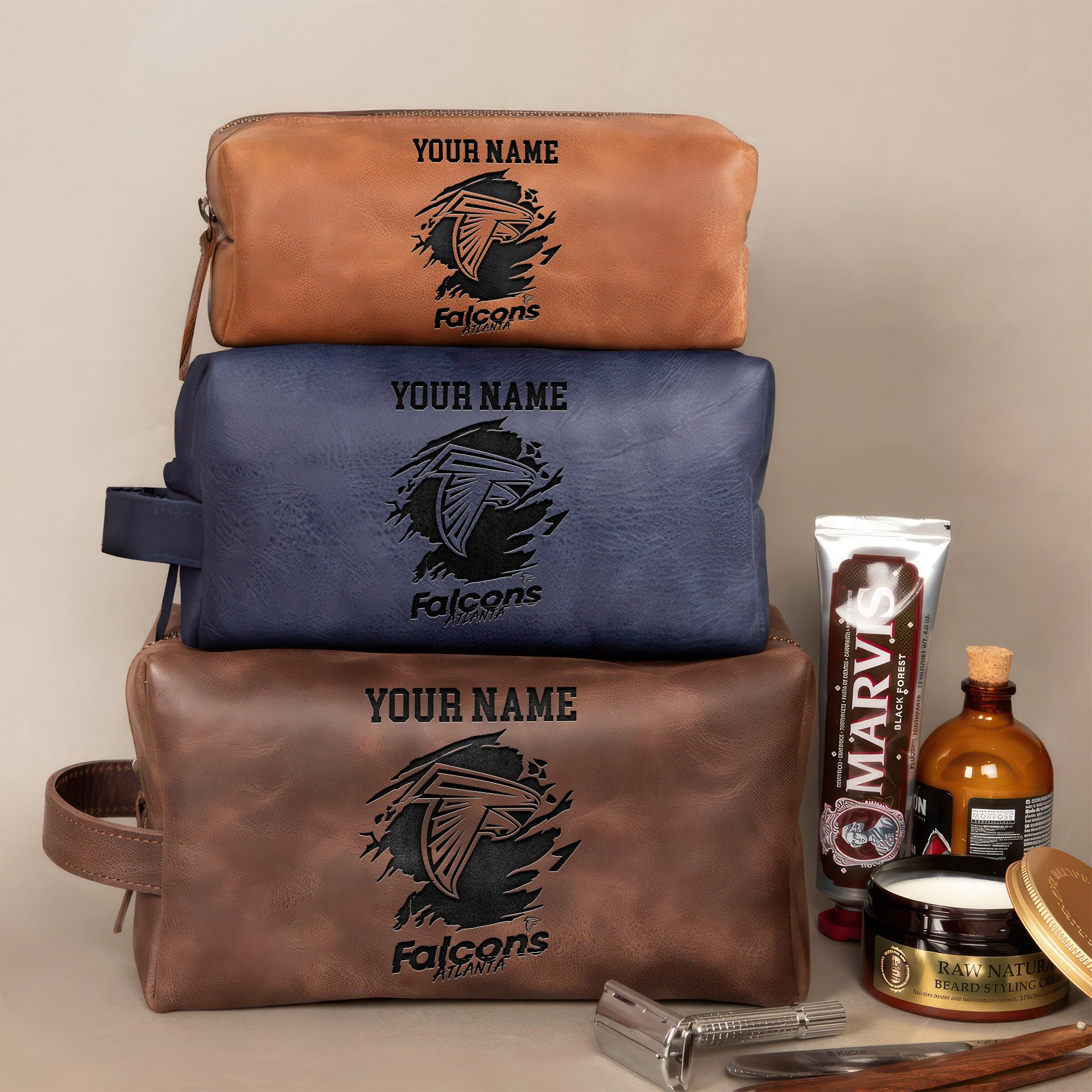 Atlanta Falcons Engraved Leather Dopp Kit Bag Personalized Your Name, Leather Dopp Kit Bag For Sport Fans, Gift For Fans ETHY-58969