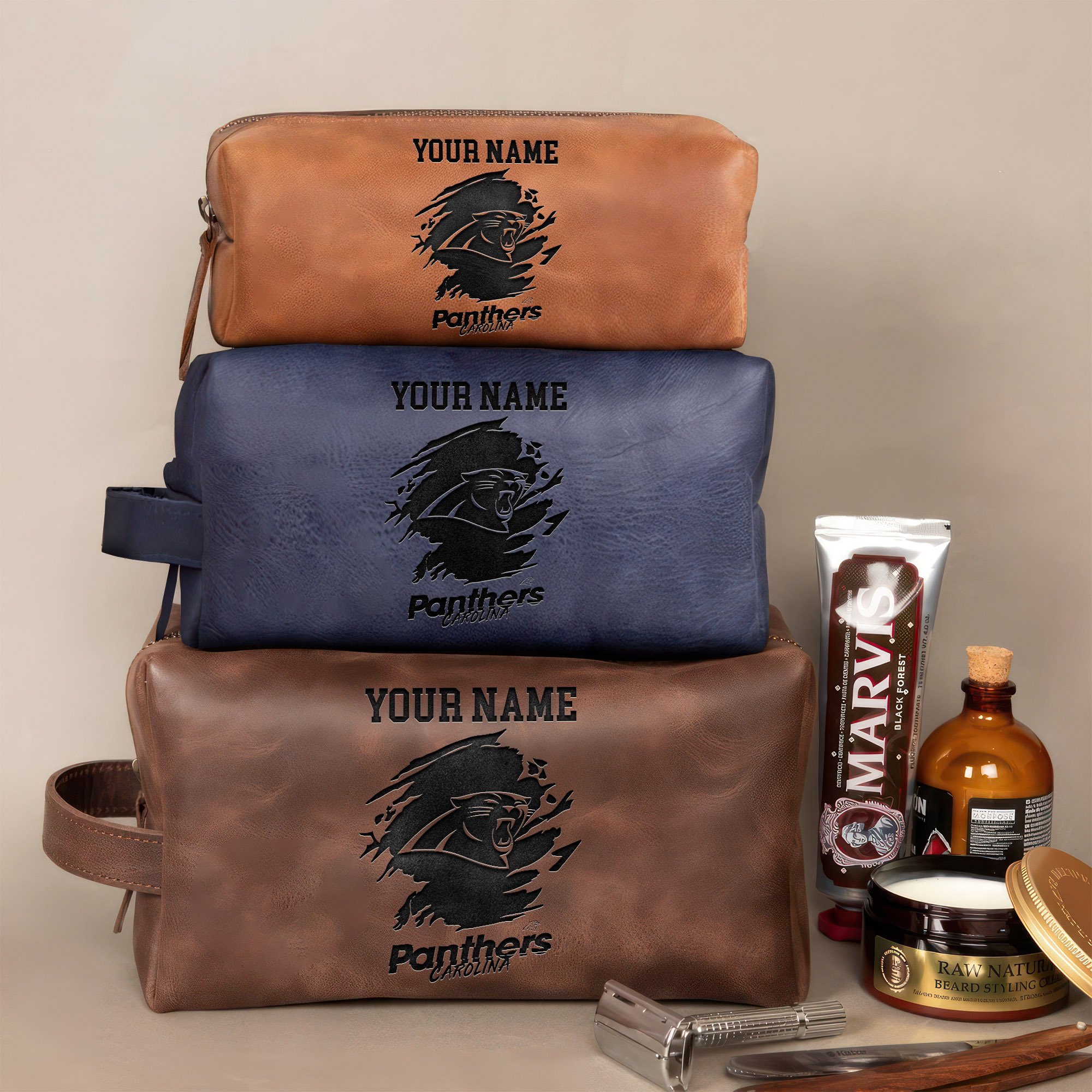 Carolina Panthers Engraved Leather Dopp Kit Bag Personalized Your Name, Leather Dopp Kit Bag For Sport Fans, Gift For Fans ETHY-58969