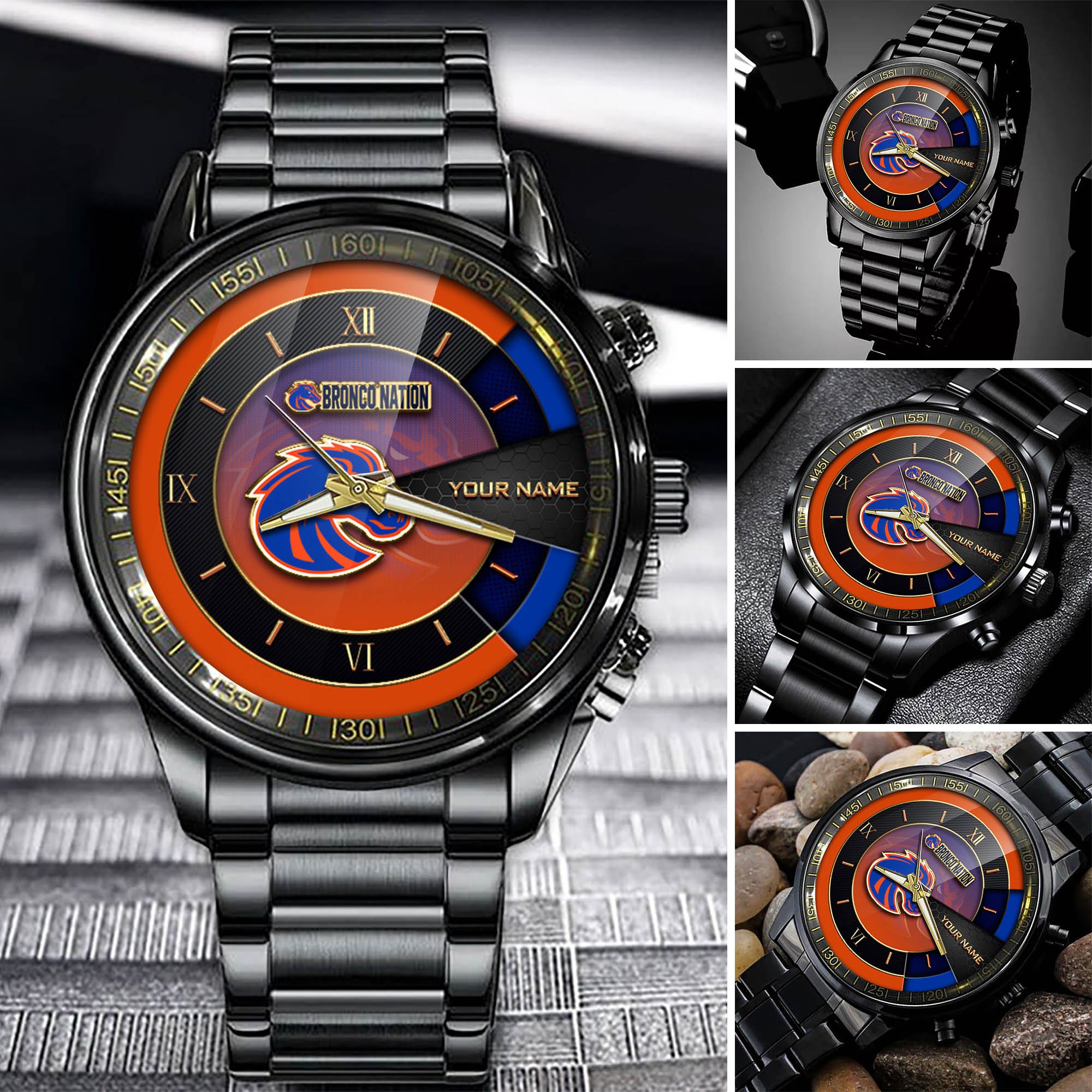 Boise State Broncos Team Black Fashion Watch Custom Your Name, Black Fashion Watch For Sport Fan, Sport Fashion Gifts For Fan ETHY-54645