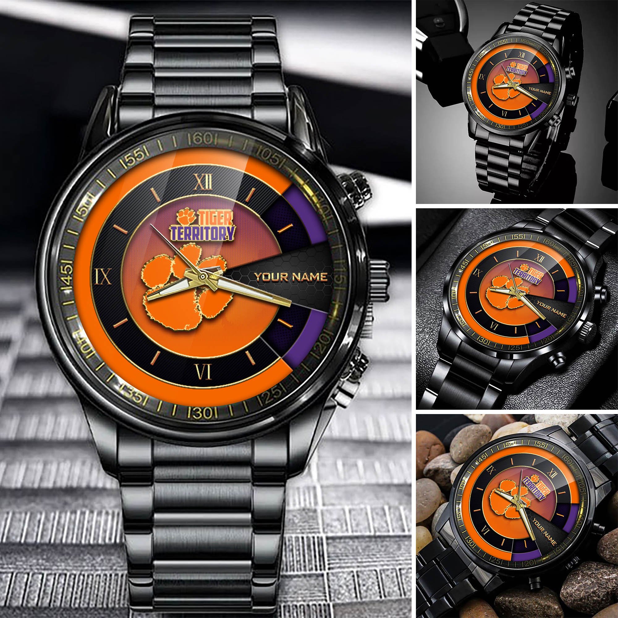 Clemson Tigers Team Black Fashion Watch Custom Your Name, Black Fashion Watch For Sport Fan, Sport Fashion Gifts For Fan ETHY-54645