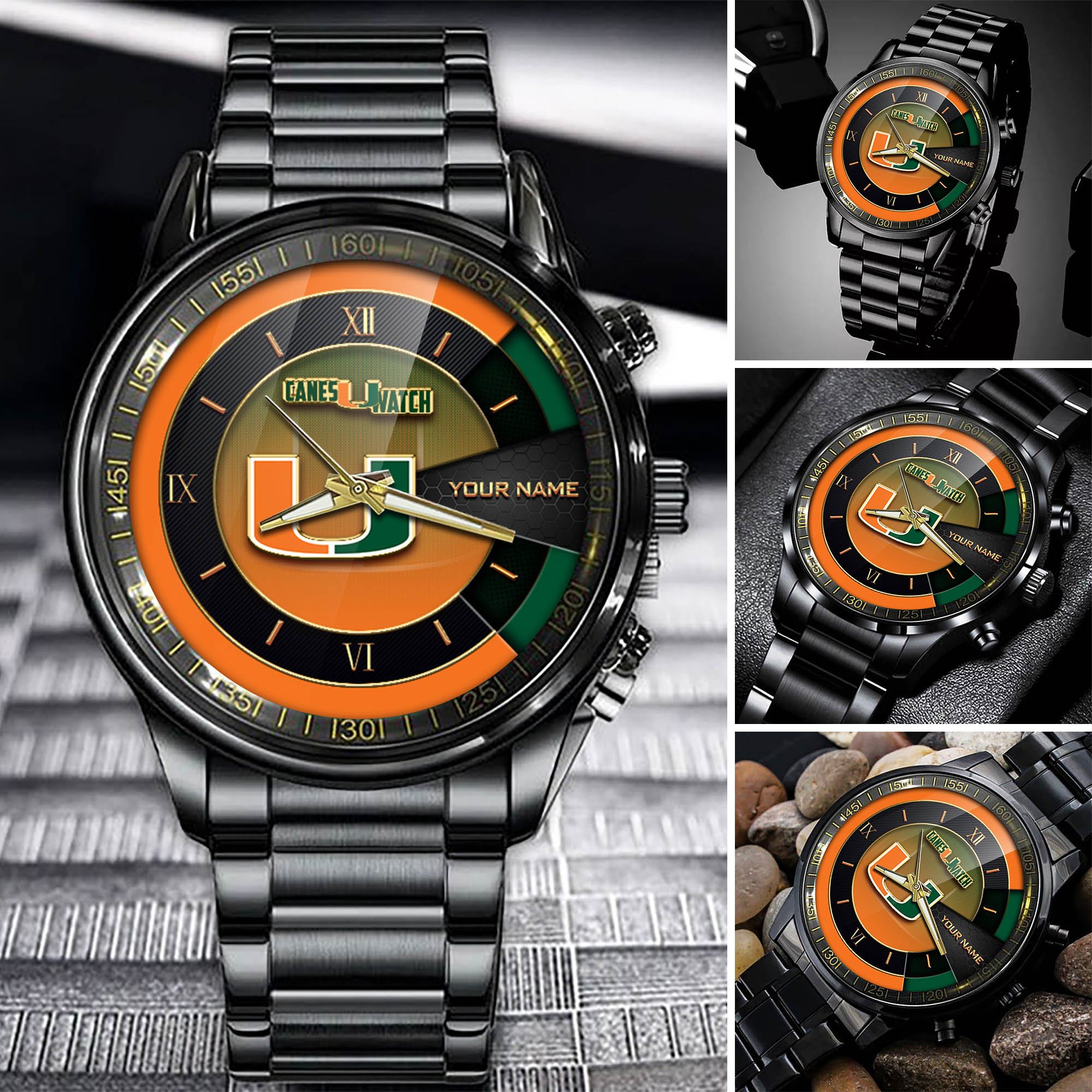 Miami Hurricanes Team Black Fashion Watch Custom Your Name, Black Fashion Watch For Sport Fan, Sport Fashion Gifts For Fan ETHY-54645