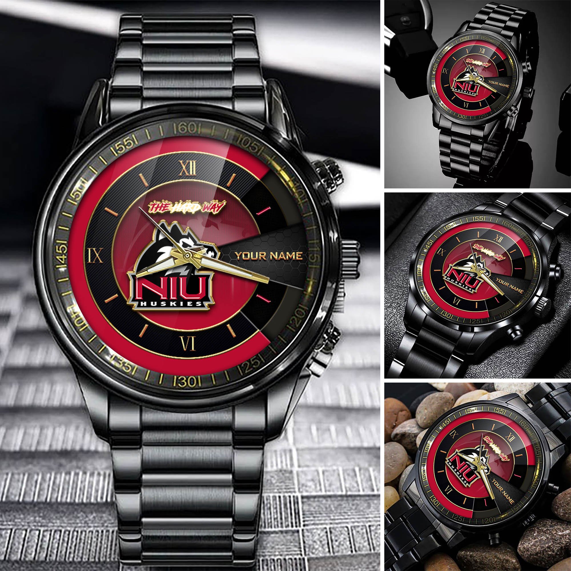 Northern Illinois Huskies Team Black Fashion Watch Custom Your Name, Black Fashion Watch For Sport Fan, Sport Fashion Gifts For Fan ETHY-54645