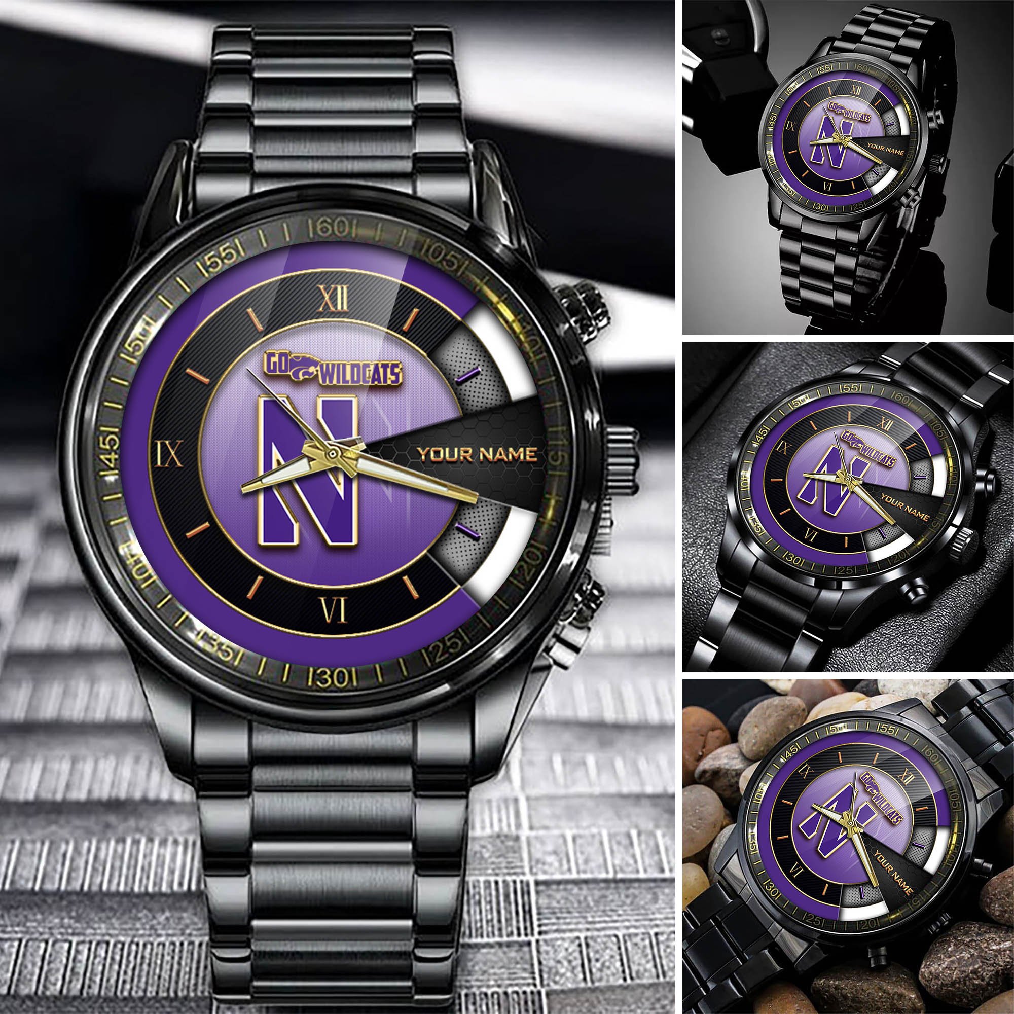 Northwestern Wildcats Team Black Fashion Watch Custom Your Name, Black Fashion Watch For Sport Fan, Sport Fashion Gifts For Fan ETHY-54645