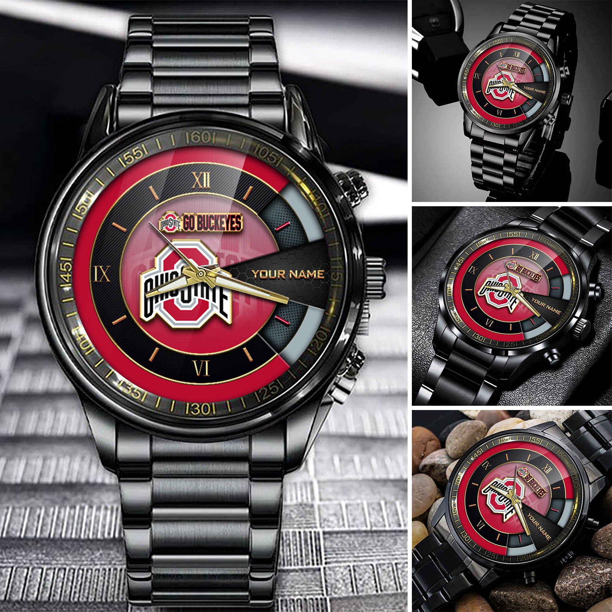 Ohio State Buckeyes Team Black Fashion Watch Custom Your Name, Black Fashion Watch For Sport Fan, Sport Fashion Gifts For Fan ETHY-54645