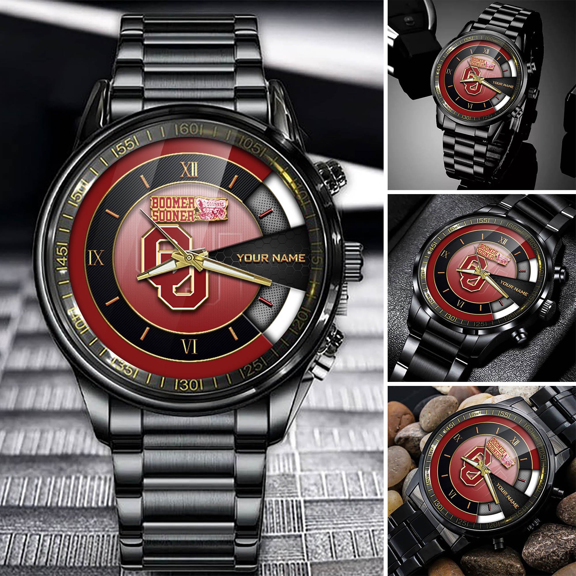 Oklahoma Sooners Team Black Fashion Watch Custom Your Name, Black Fashion Watch For Sport Fan, Sport Fashion Gifts For Fan ETHY-54645