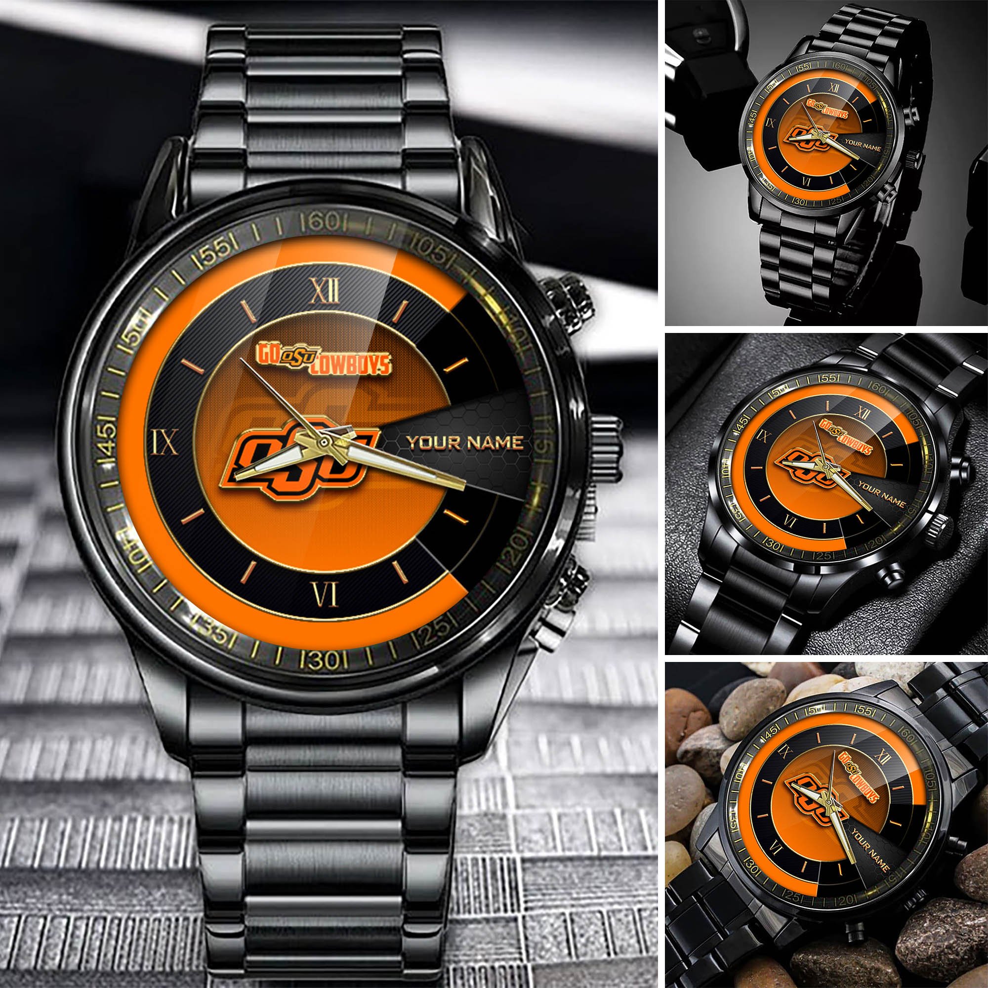 Oklahoma State Cowboys Team Black Fashion Watch Custom Your Name, Black Fashion Watch For Sport Fan, Sport Fashion Gifts For Fan ETHY-54645