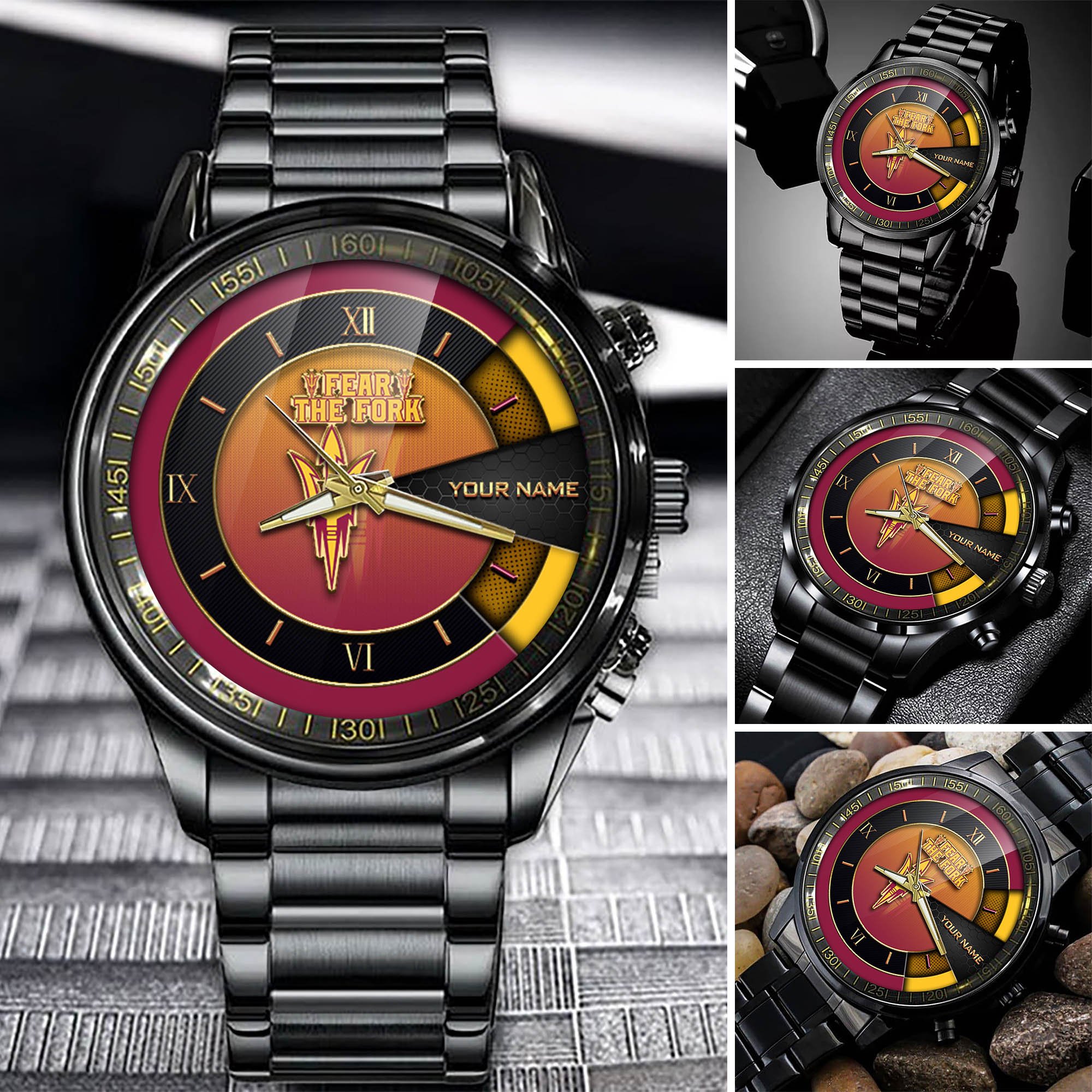 Arizona State Sun Devils Team Black Fashion Watch Custom Your Name, Black Fashion Watch For Sport Fan, Sport Fashion Gifts For Fan ETHY-54645