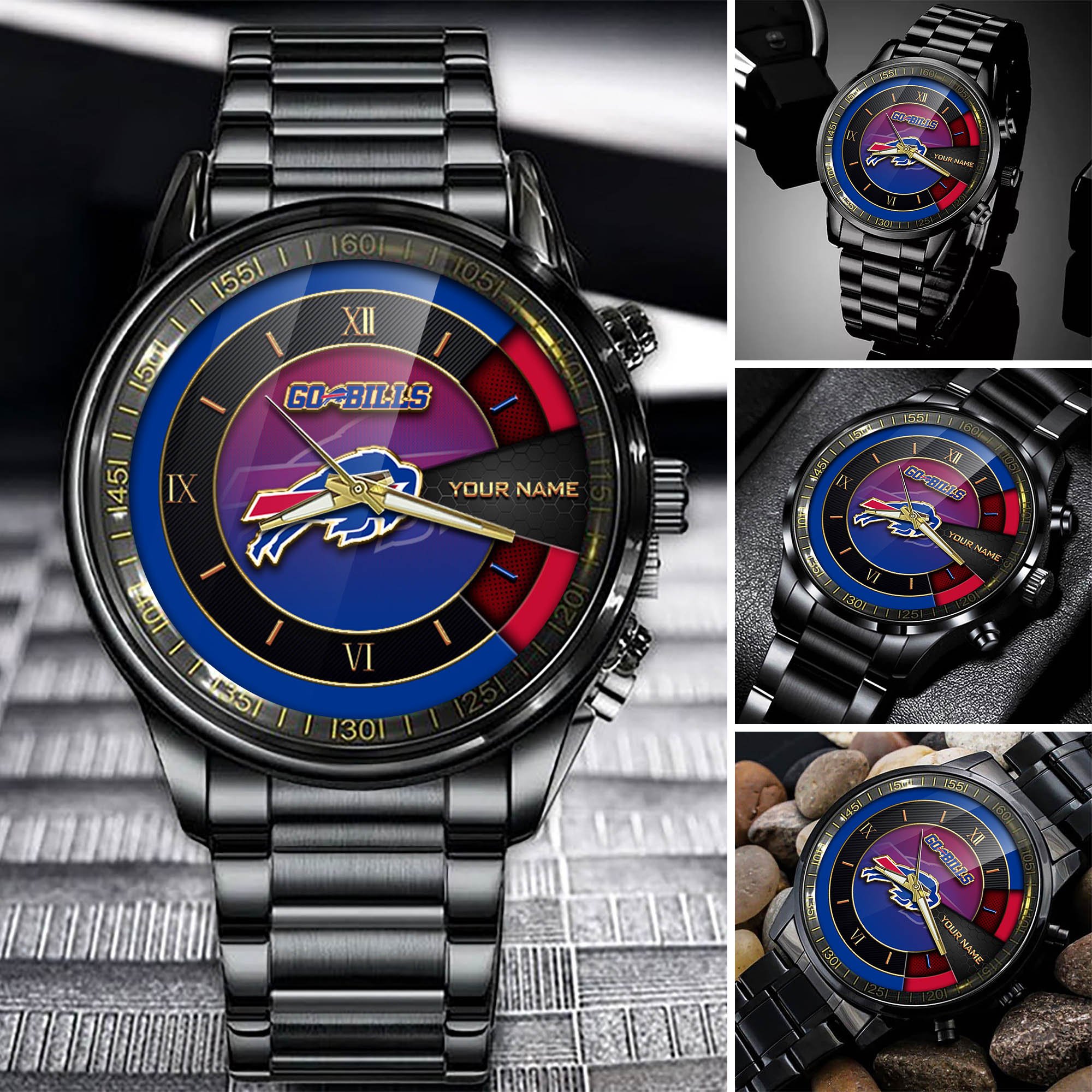 Buffalo Bills Team Black Fashion Watch Custom Your Name, Black Fashion Watch For Sport Fan, Sport Fashion Gifts For Fan ETHY-54645