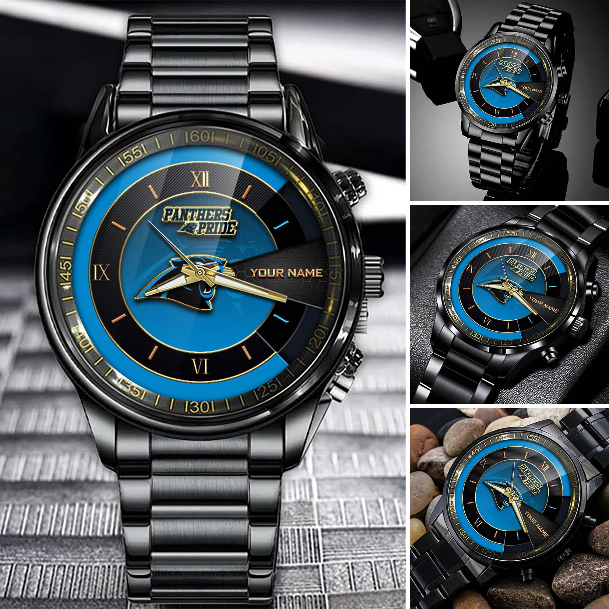 Carolina Panthers Team Black Fashion Watch Custom Your Name, Black Fashion Watch For Sport Fan, Sport Fashion Gifts For Fan ETHY-54645