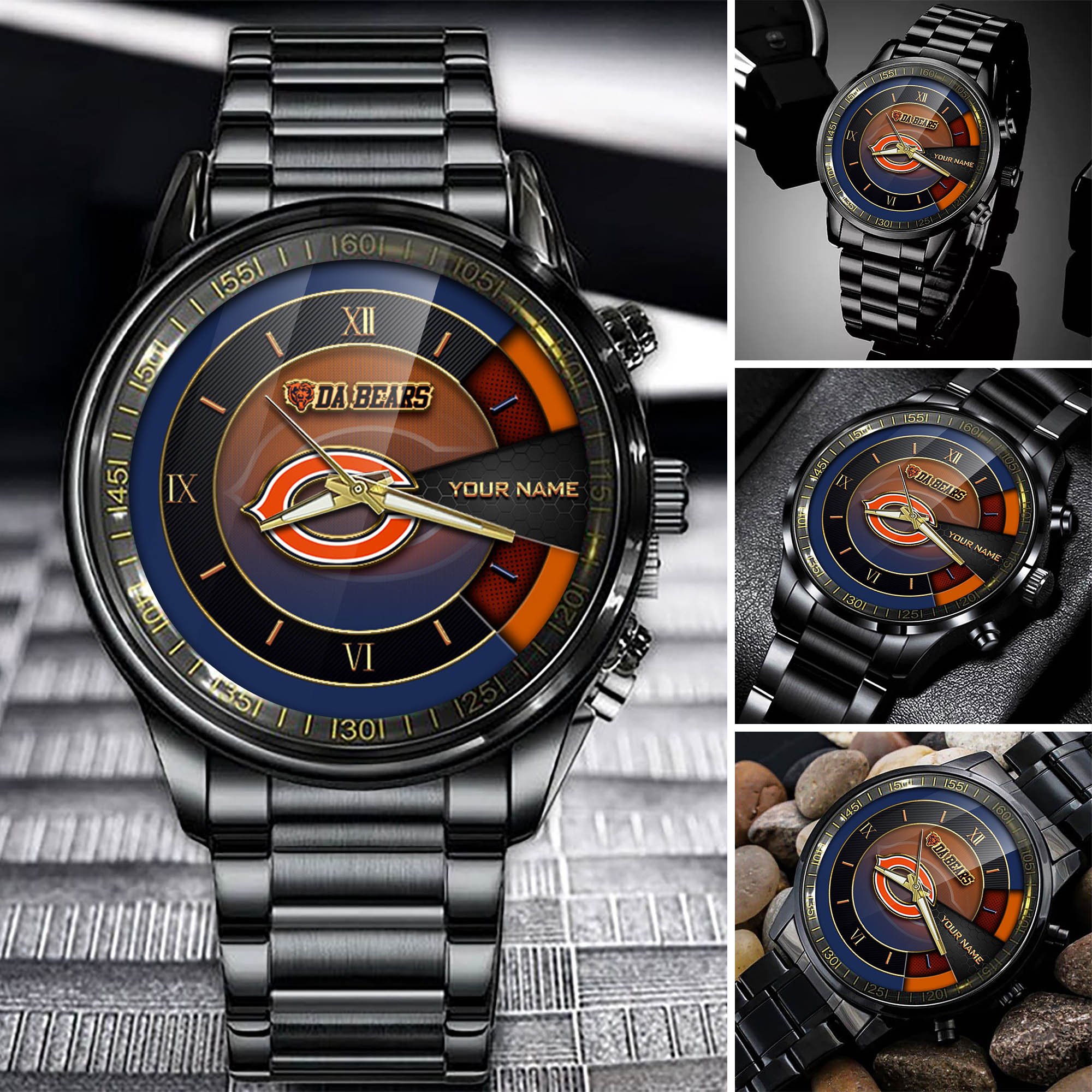 Chicago Bears Team Black Fashion Watch Custom Your Name, Black Fashion Watch For Sport Fan, Sport Fashion Gifts For Fan ETHY-54645