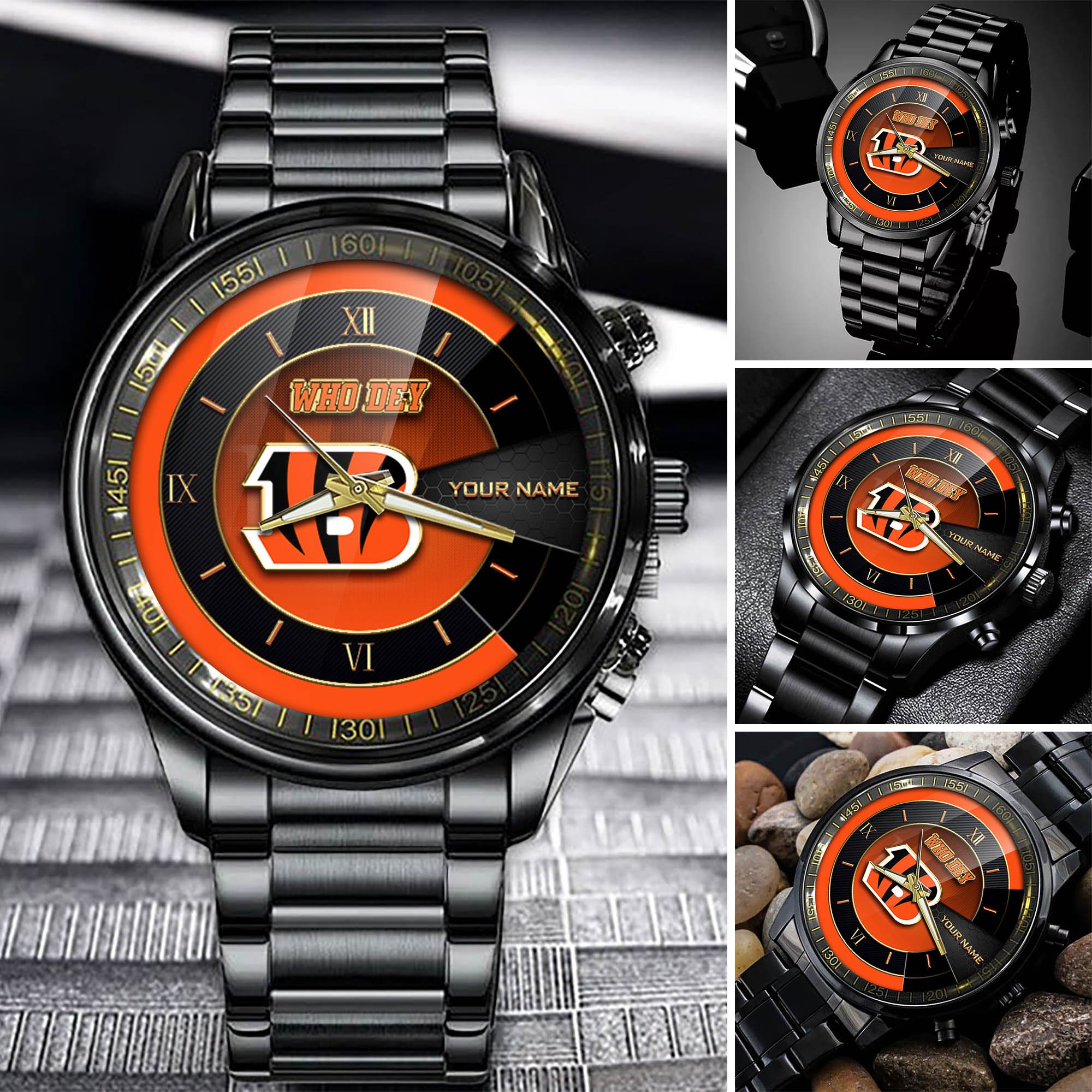 Cincinnati Bengals Team Black Fashion Watch Custom Your Name, Black Fashion Watch For Sport Fan, Sport Fashion Gifts For Fan ETHY-54645