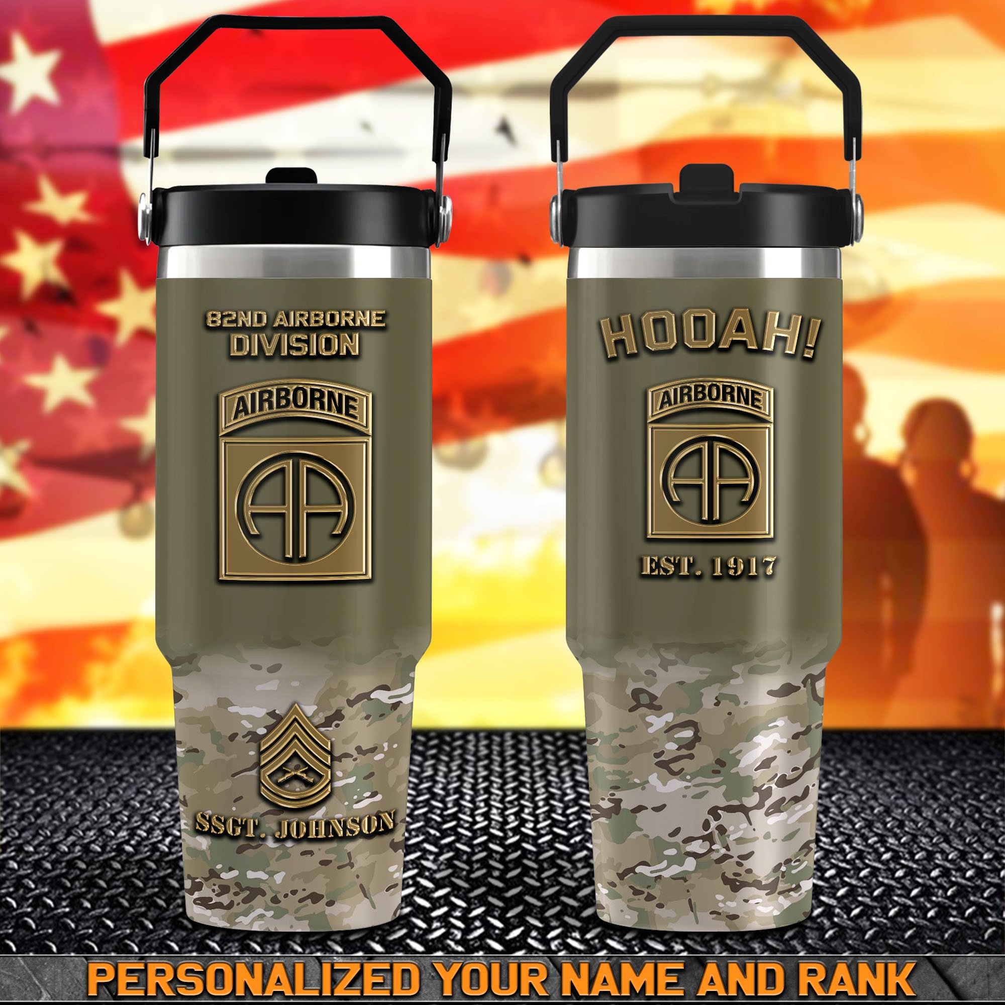 82nd Airborne Flip Straw 30z Tumbler Personalized Your Name And Rank, Camouflage Tumbler For US Military, Gifts For US Military ETHY-59137