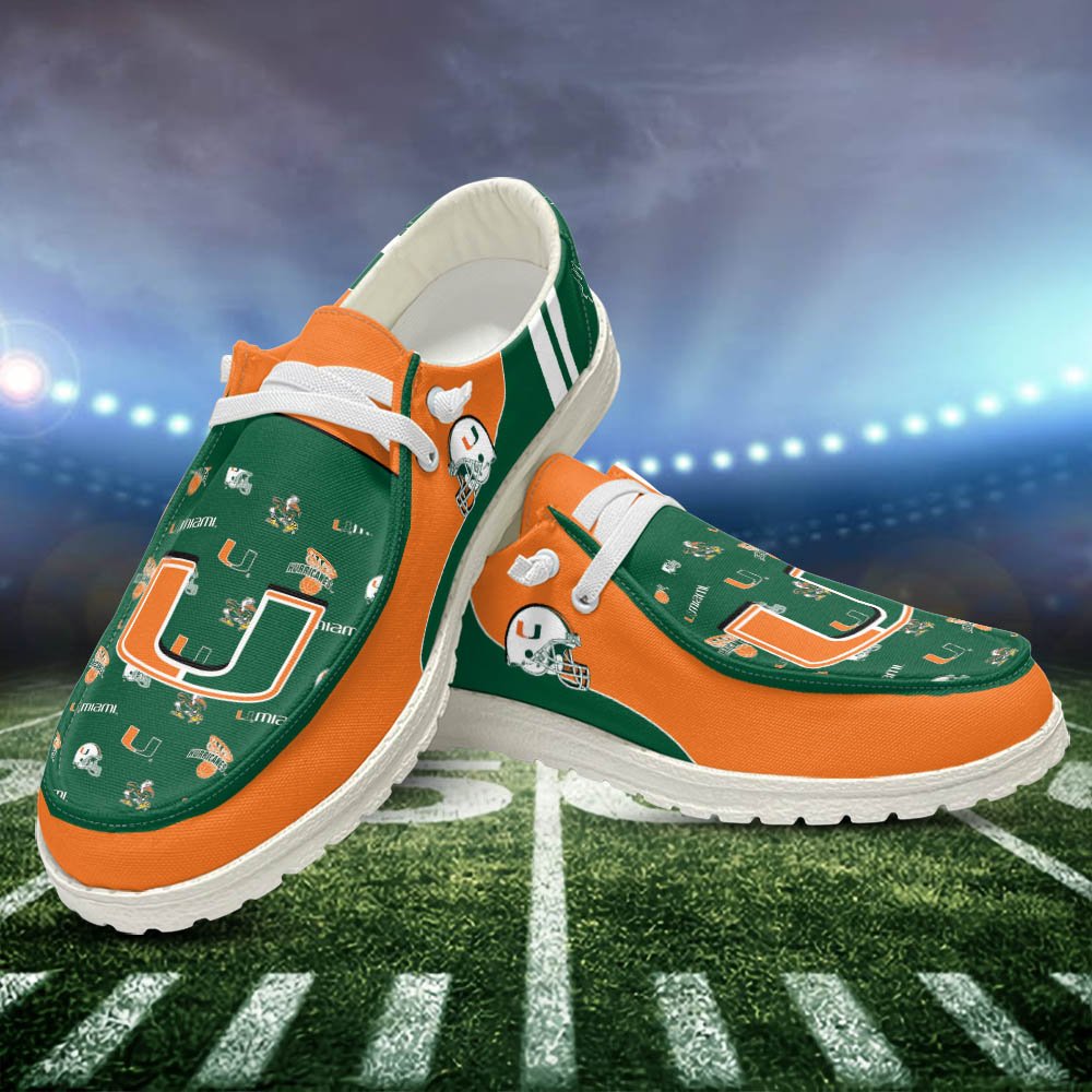 Miami Hurricanes White Hey Dude Shoes, Football Team Hey Dudes For Fan, Football Fan Gifts, Sport Gifts ETHY-52552